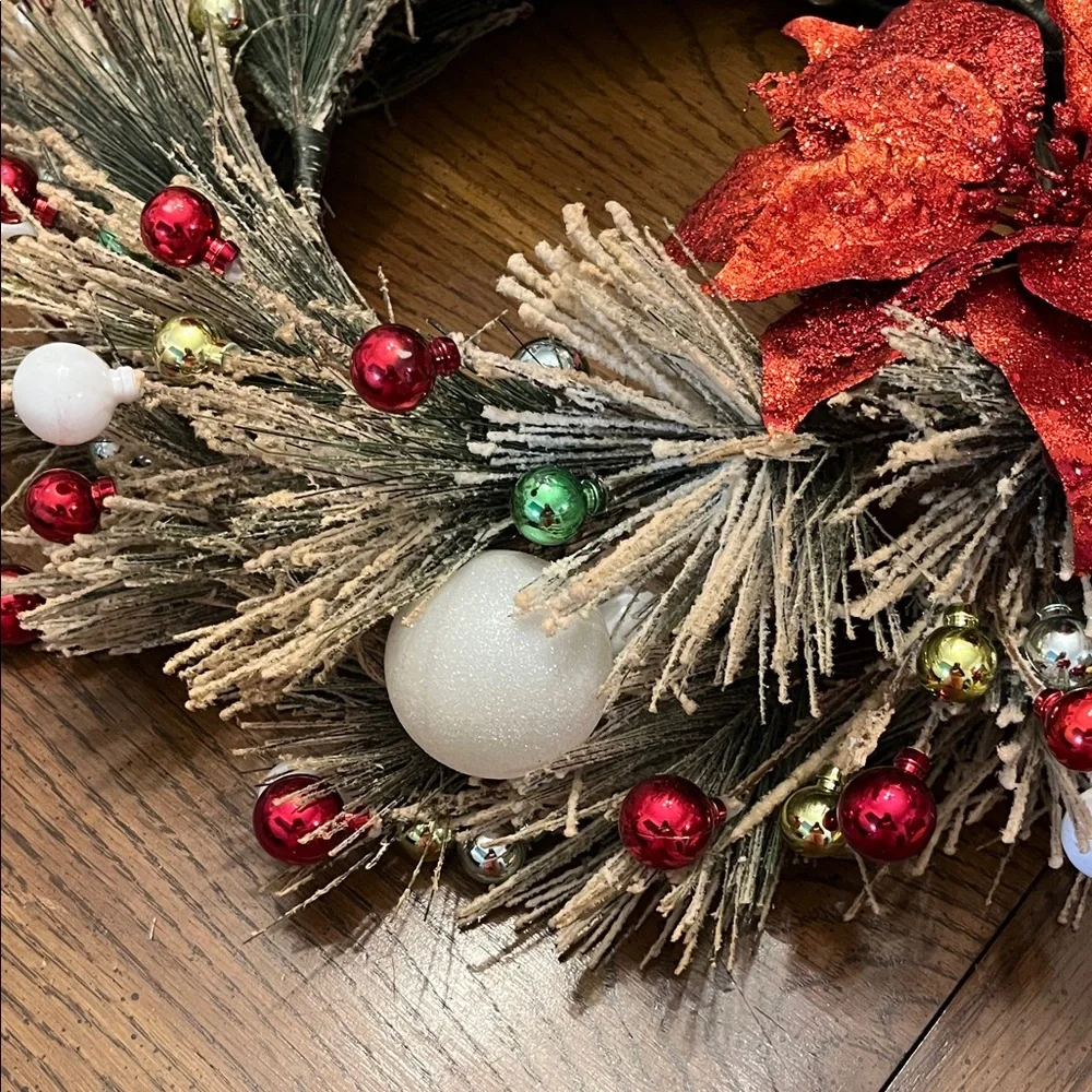 Festive Holiday Wreath with Red Poinsettia‎